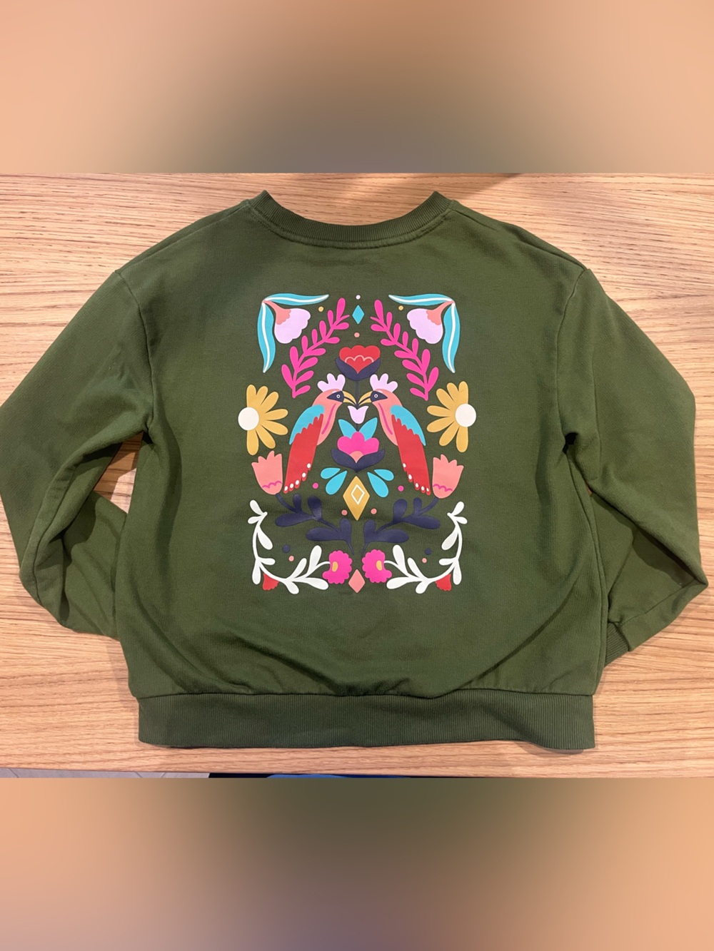 Olive Green Crewneck Sweatshirt with Colorful Folk Art Print Girl 6/7 small